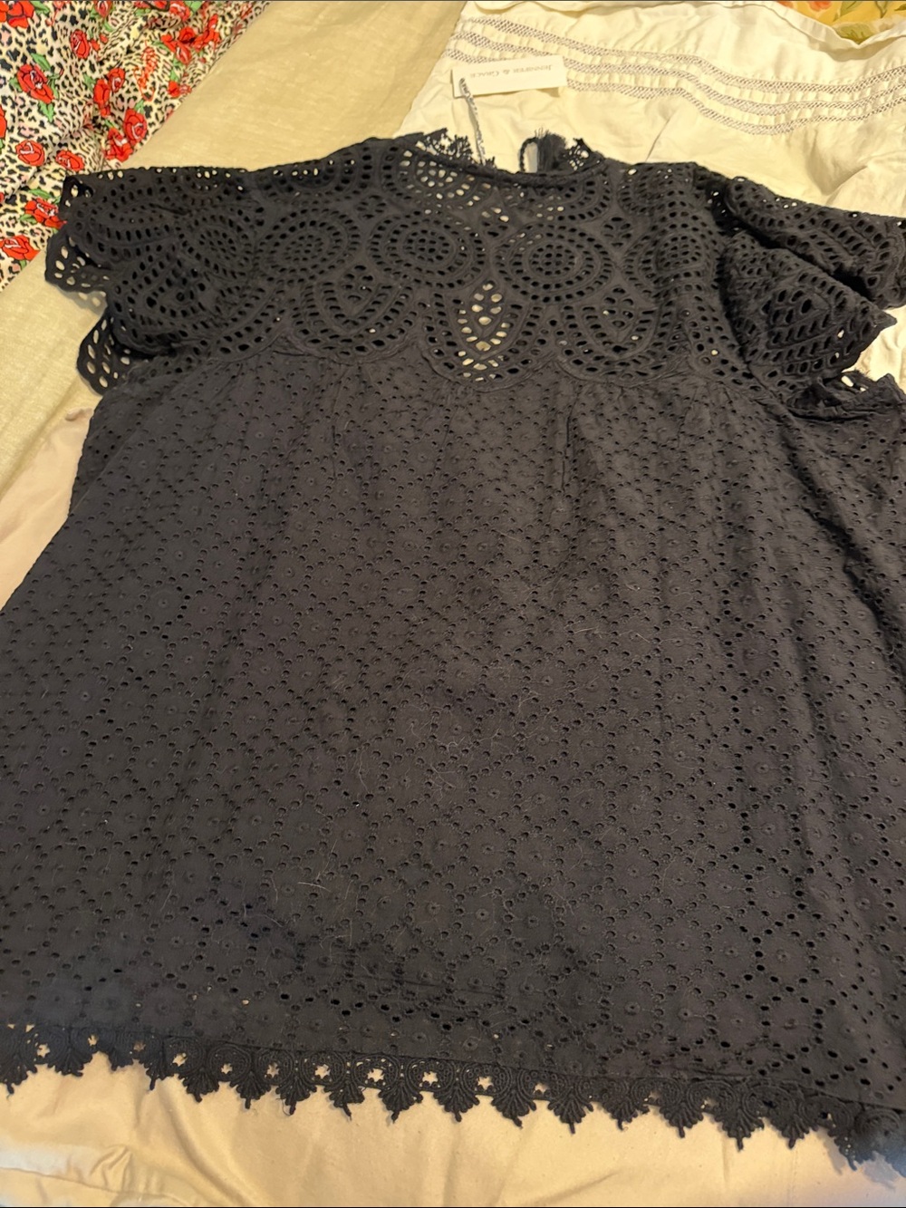 Lace Eyelet Flutter Sleeve Blouse - Black - Picture 4 of 4